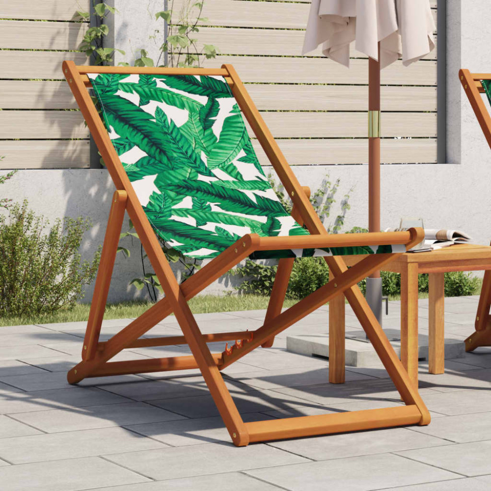 Produktbild för Hopfällbar strandstol bladmönste massivt eukalyptusträ och tyg