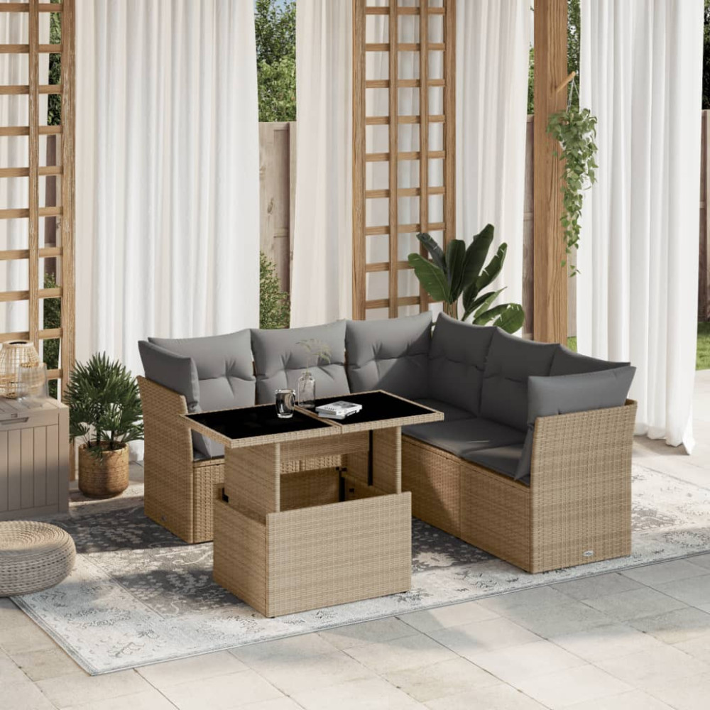 Produktbild för Soffgrupp för trädgården med dynor 6 delar beige konstrotting