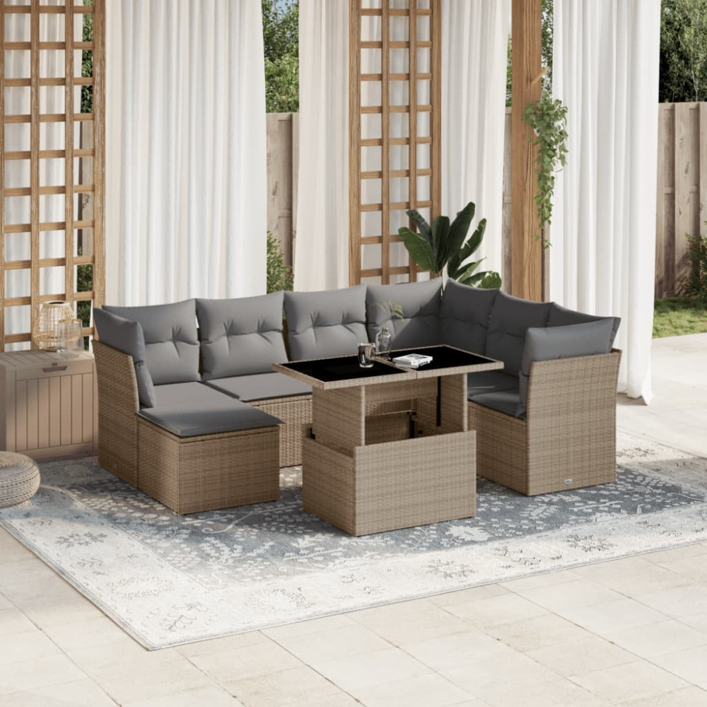 Produktbild för Matgrupp för trädgården med dynor 8 delar beige konstrotting