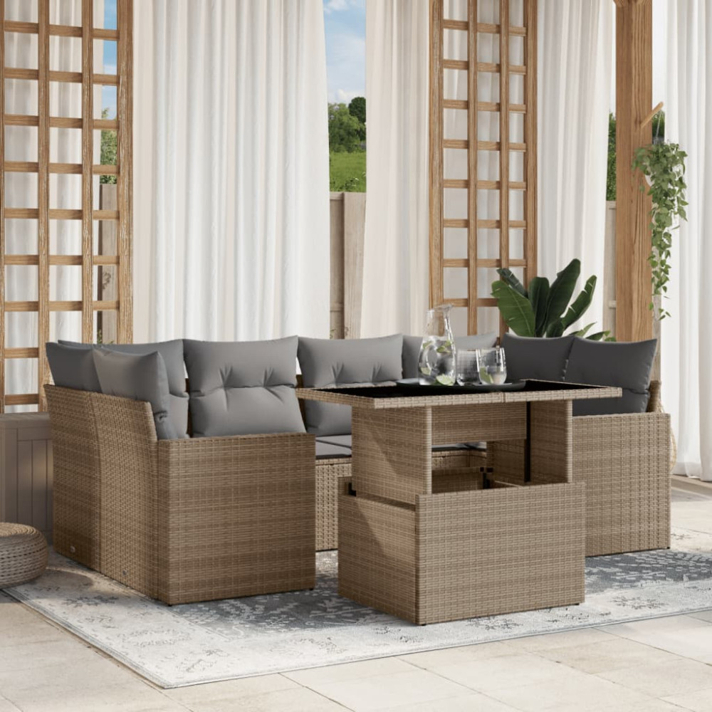 Produktbild för Matgrupp för trädgården med dynor 7 delar beige konstrotting