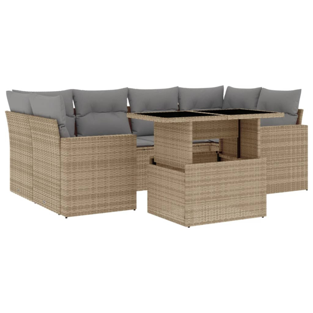 Produktbild för Matgrupp för trädgården med dynor 7 delar beige konstrotting
