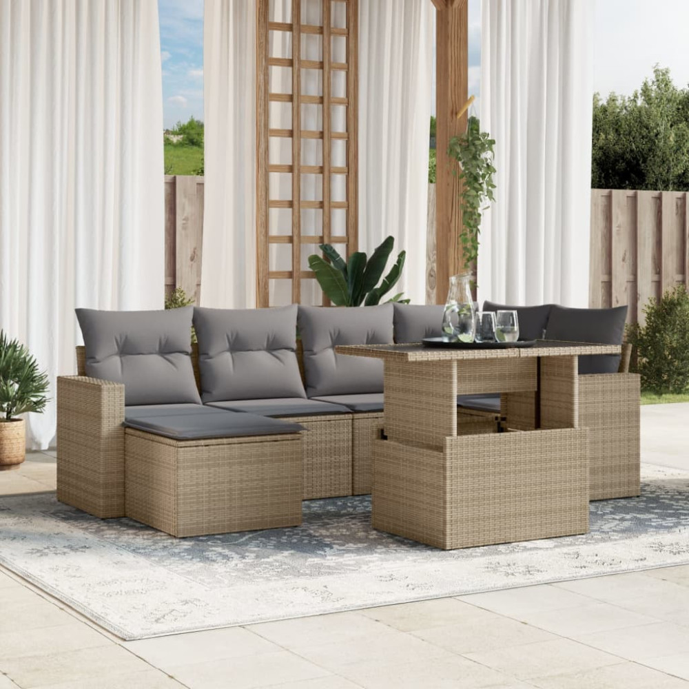 Produktbild för Matgrupp för trädgården med dynor 7 delar beige konstrotting