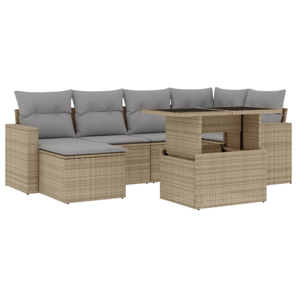 Produktbild för Matgrupp för trädgården med dynor 7 delar beige konstrotting