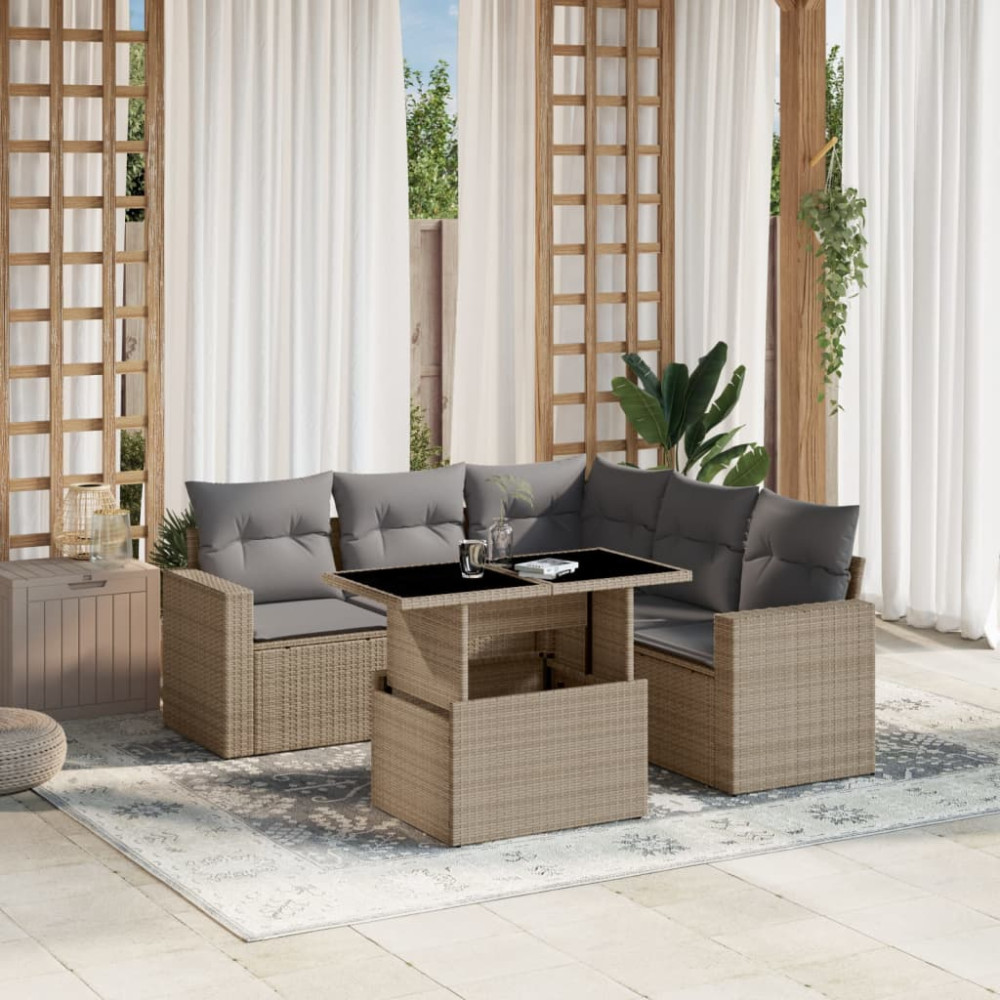 Produktbild för Soffgrupp för trädgården med dynor 6 delar beige konstrotting