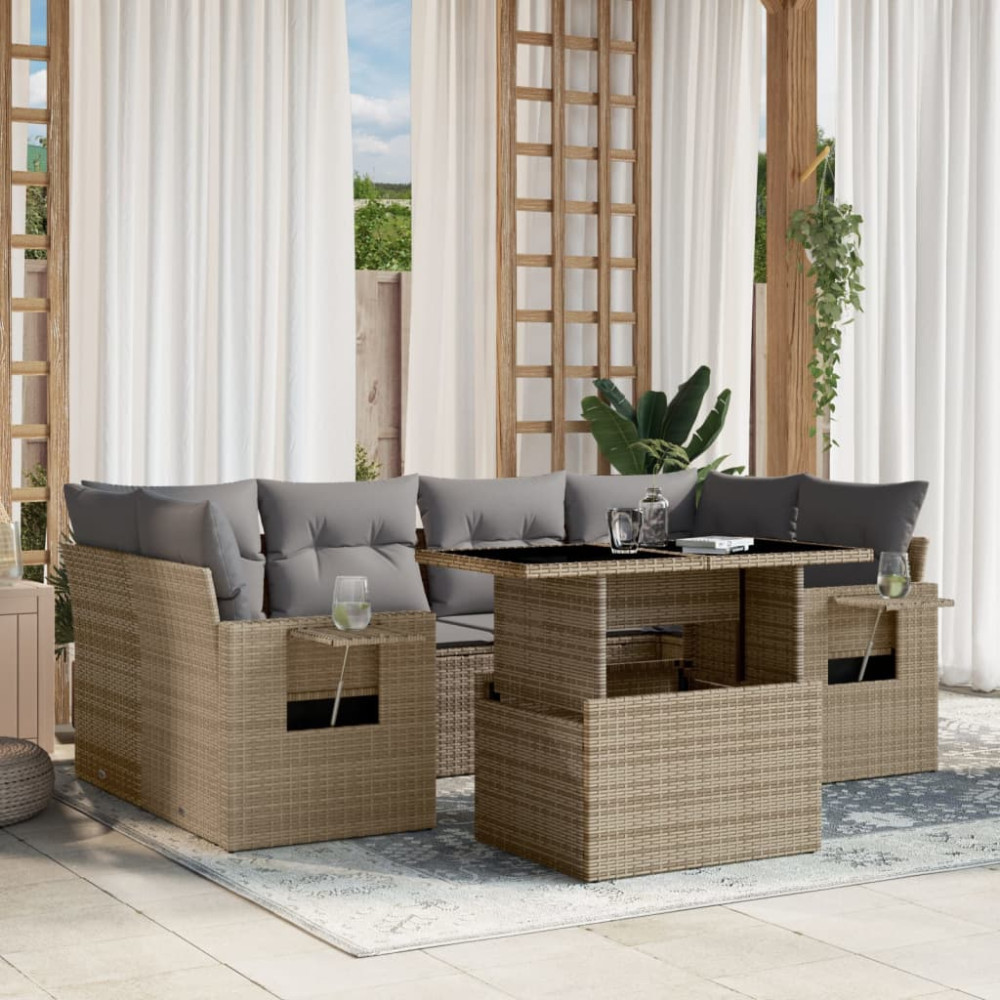 Produktbild för Matgrupp för trädgården med dynor 7 delar beige konstrotting