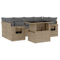 Produktbild för Matgrupp för trädgården med dynor 7 delar beige konstrotting