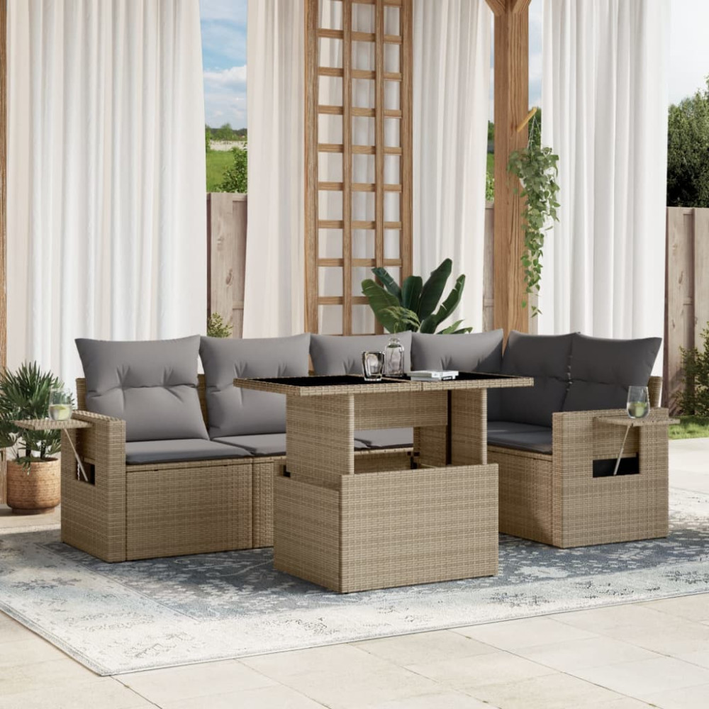 Produktbild för Soffgrupp för trädgården med dynor 6 delar beige konstrotting