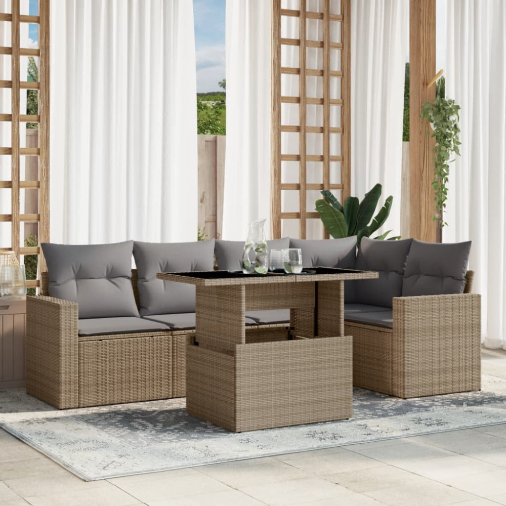 Produktbild för Soffgrupp för trädgården med dynor 6 delar beige konstrotting