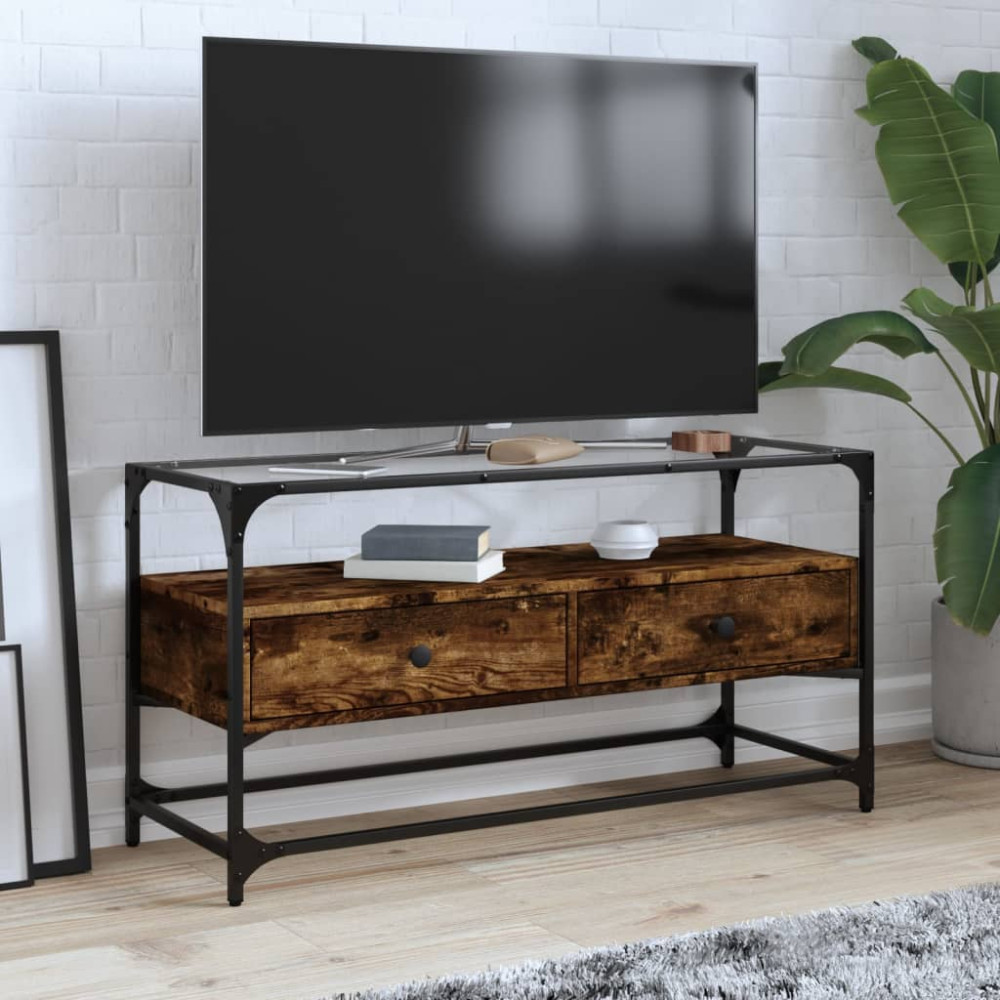 Produktbild för Tv-bänk med glasskiva rökfärgad ek 98x35x51 cm konstruerat trä