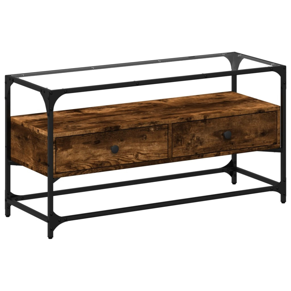 Produktbild för Tv-bänk med glasskiva rökfärgad ek 98x35x51 cm konstruerat trä