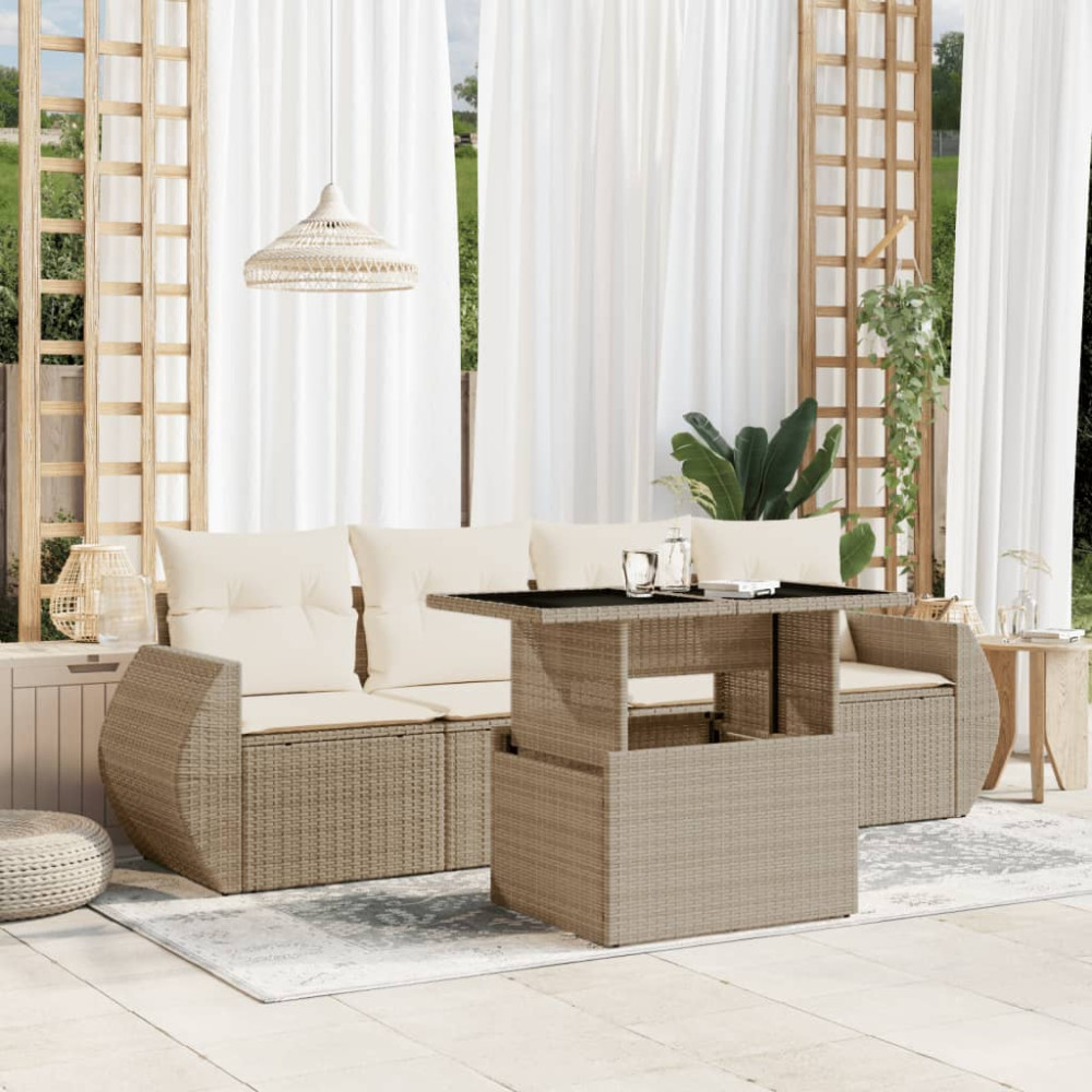 Produktbild för Soffgrupp för trädgården med dynor 5 delar beige konstrotting