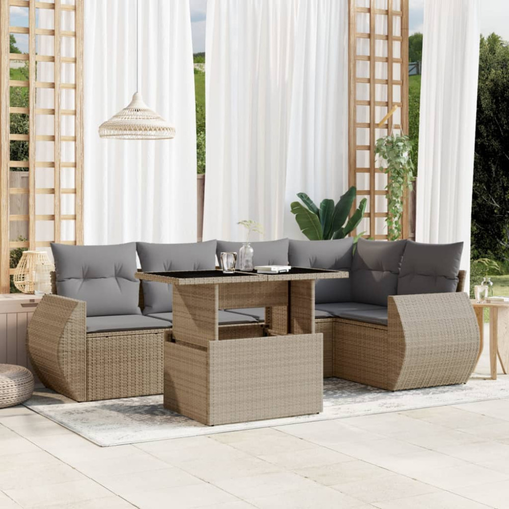 Produktbild för Soffgrupp för trädgården med dynor 6 delar beige konstrotting