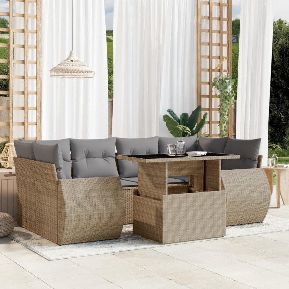 Produktbild för Matgrupp för trädgården med dynor 7 delar beige konstrotting