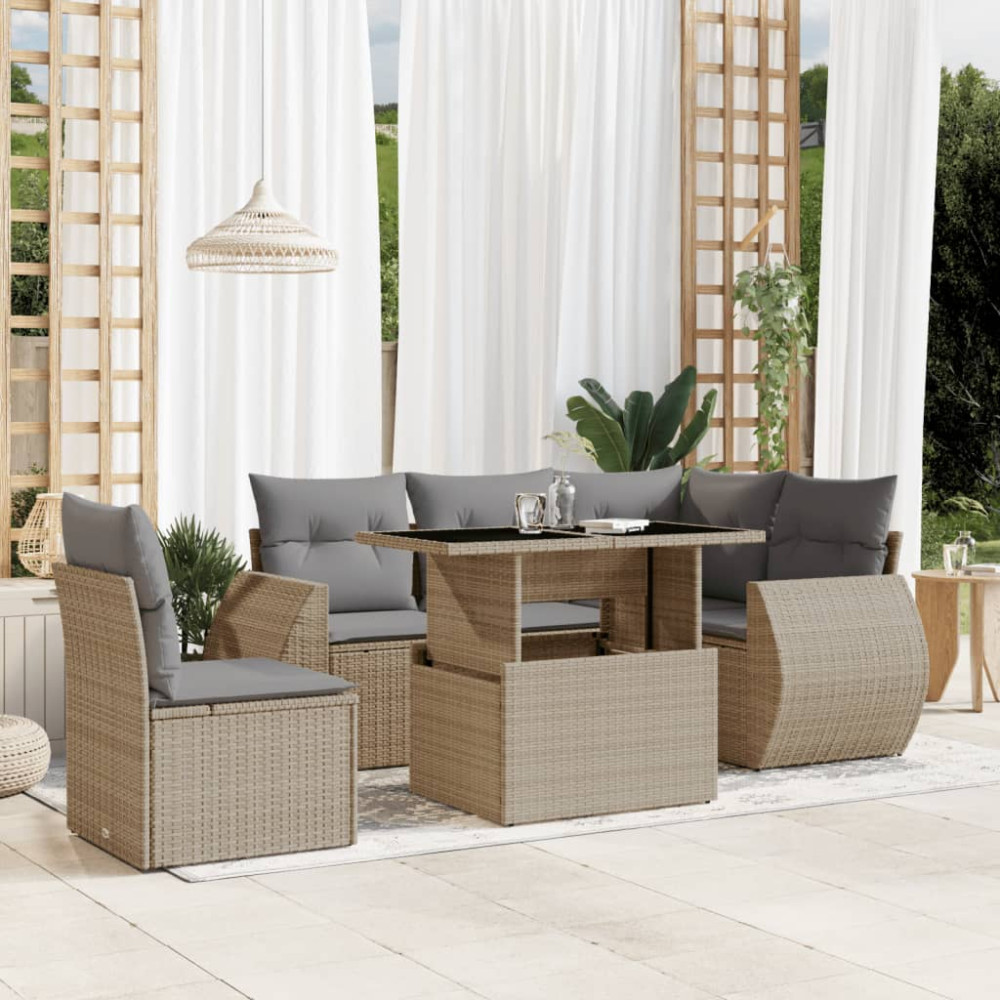 Produktbild för Soffgrupp för trädgården med dynor 6 delar beige konstrotting