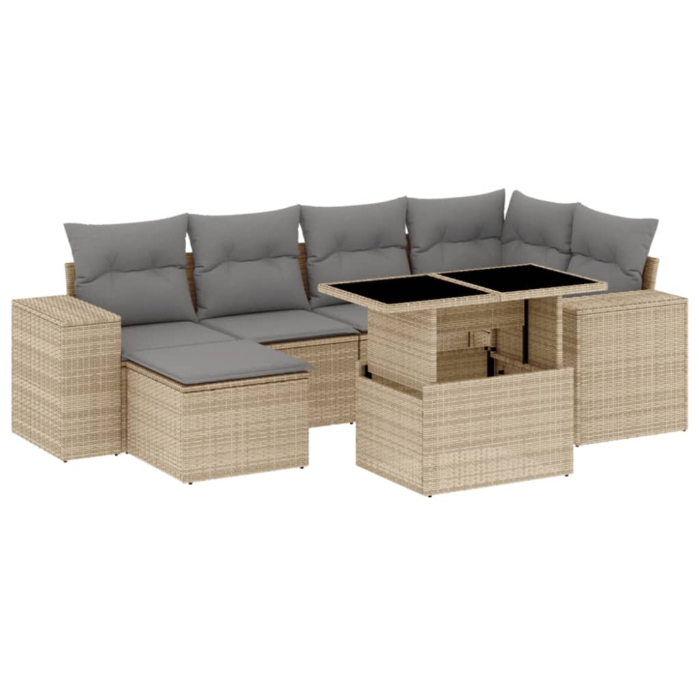 Produktbild för Matgrupp för trädgården med dynor 7 delar beige konstrotting