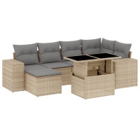Produktbild för Matgrupp för trädgården med dynor 7 delar beige konstrotting
