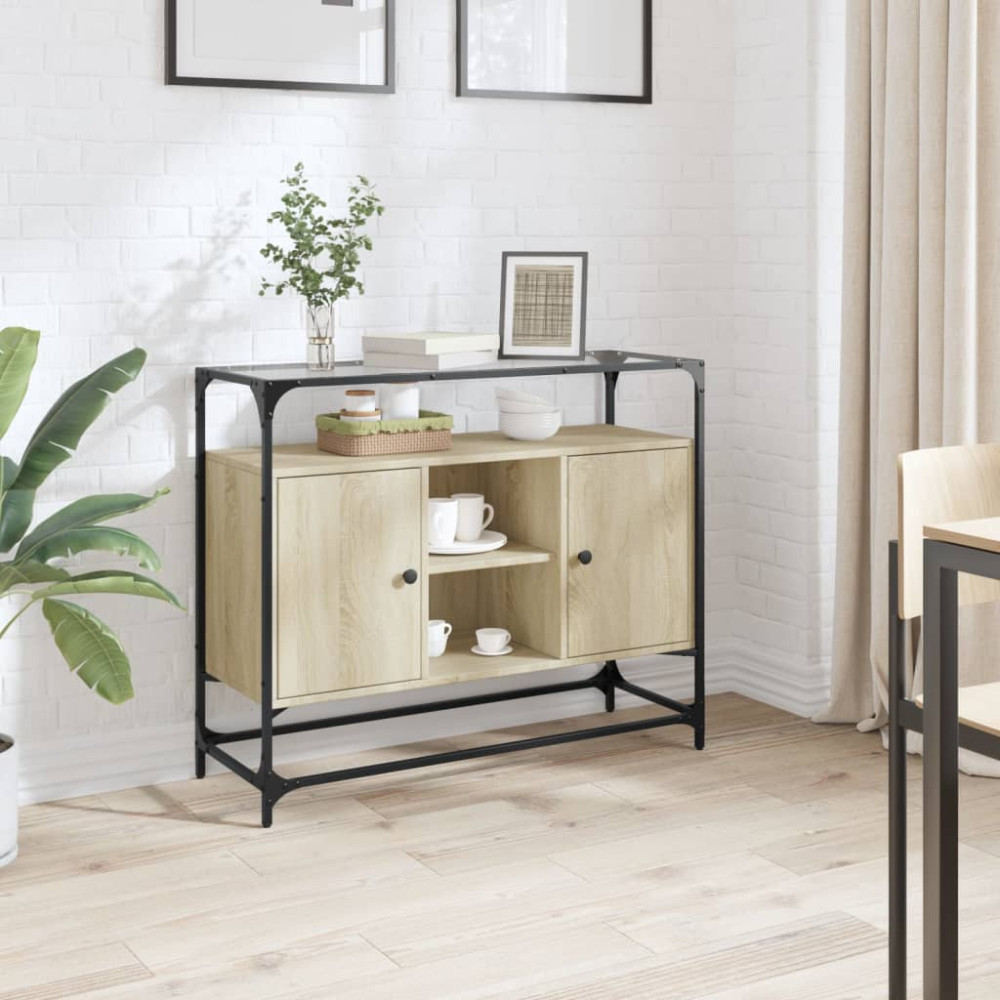 Produktbild för Skänk med glasskiva sonoma-ek 98x35x81 cm konstruerat trä