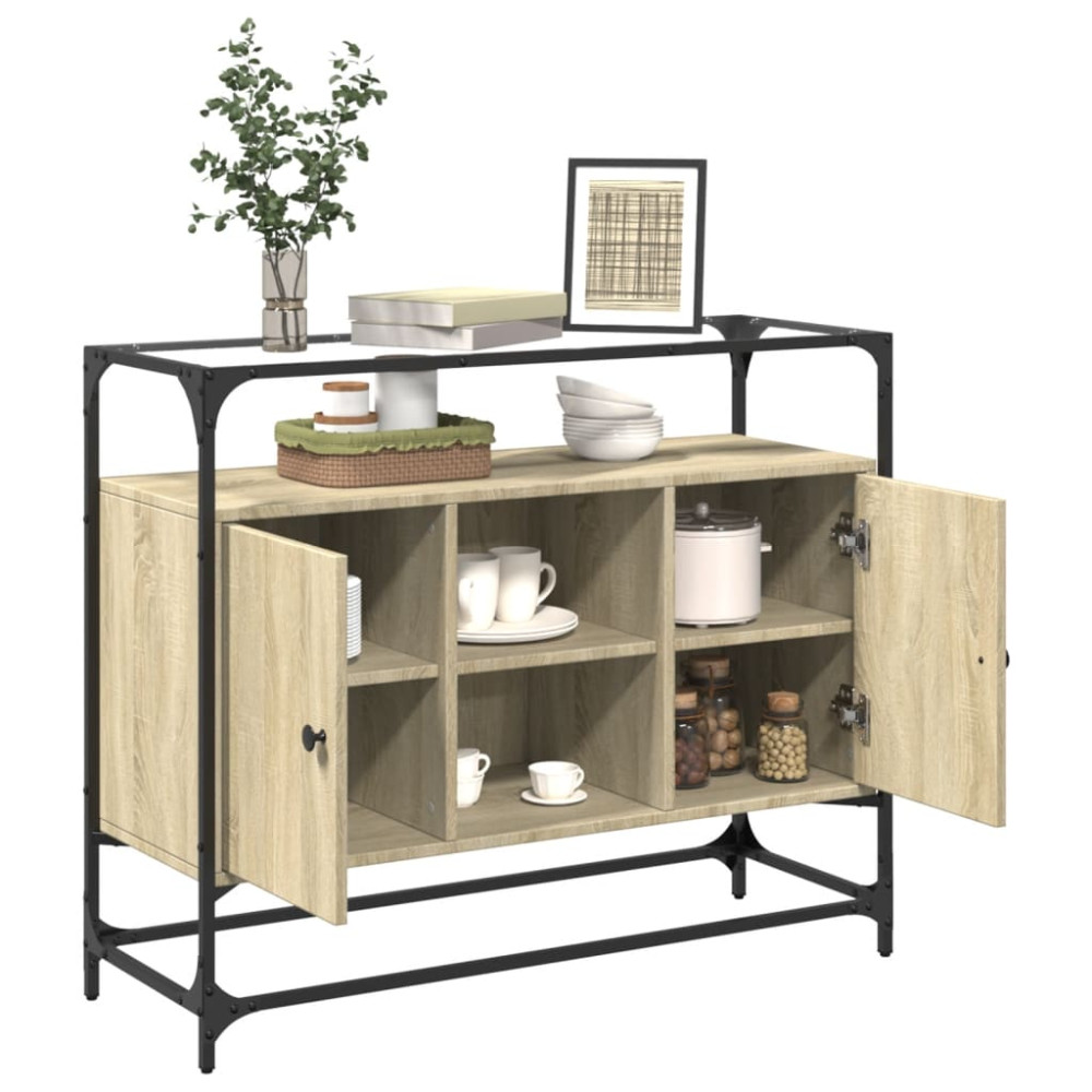 Produktbild för Skänk med glasskiva sonoma-ek 98x35x81 cm konstruerat trä