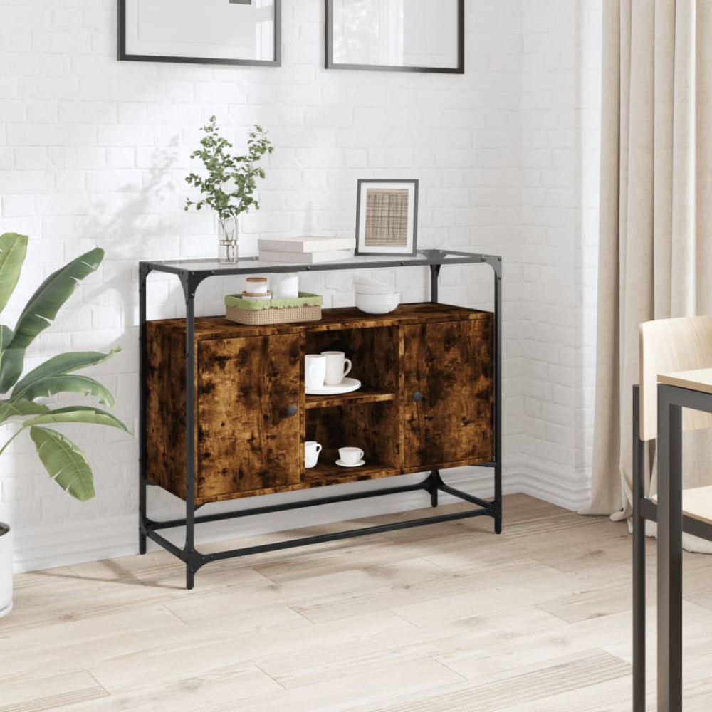 Produktbild för Skänk med glasskiva rökfärgad ek 98x35x81 cm konstruerat trä