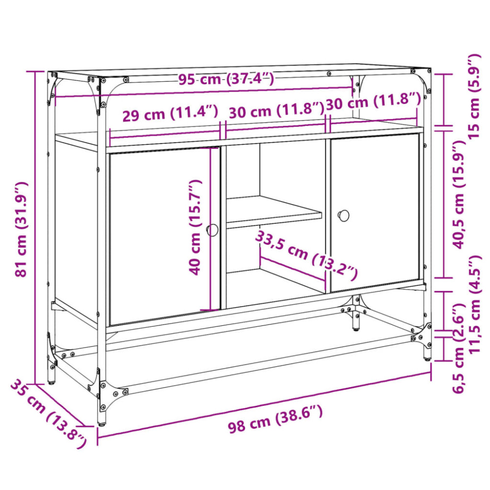 Produktbild för Skänk med glasskiva rökfärgad ek 98x35x81 cm konstruerat trä
