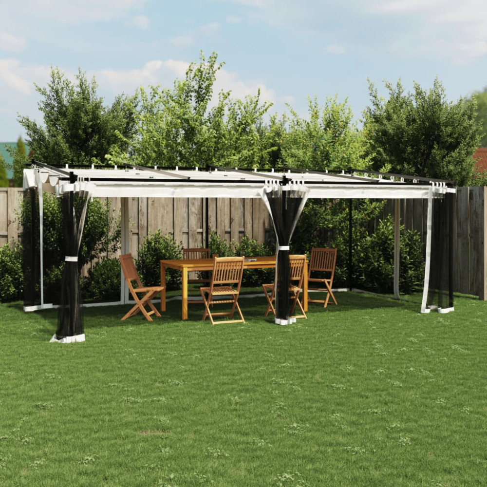 Produktbild för Paviljong med nätväggar gräddvit 6x3 m stål