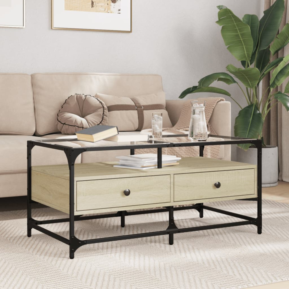 Produktbild för Soffbord med glasskiva sonoma-ek 98,5x50x45 cm stål
