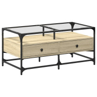 Produktbild för Soffbord med glasskiva sonoma-ek 98,5x50x45 cm stål