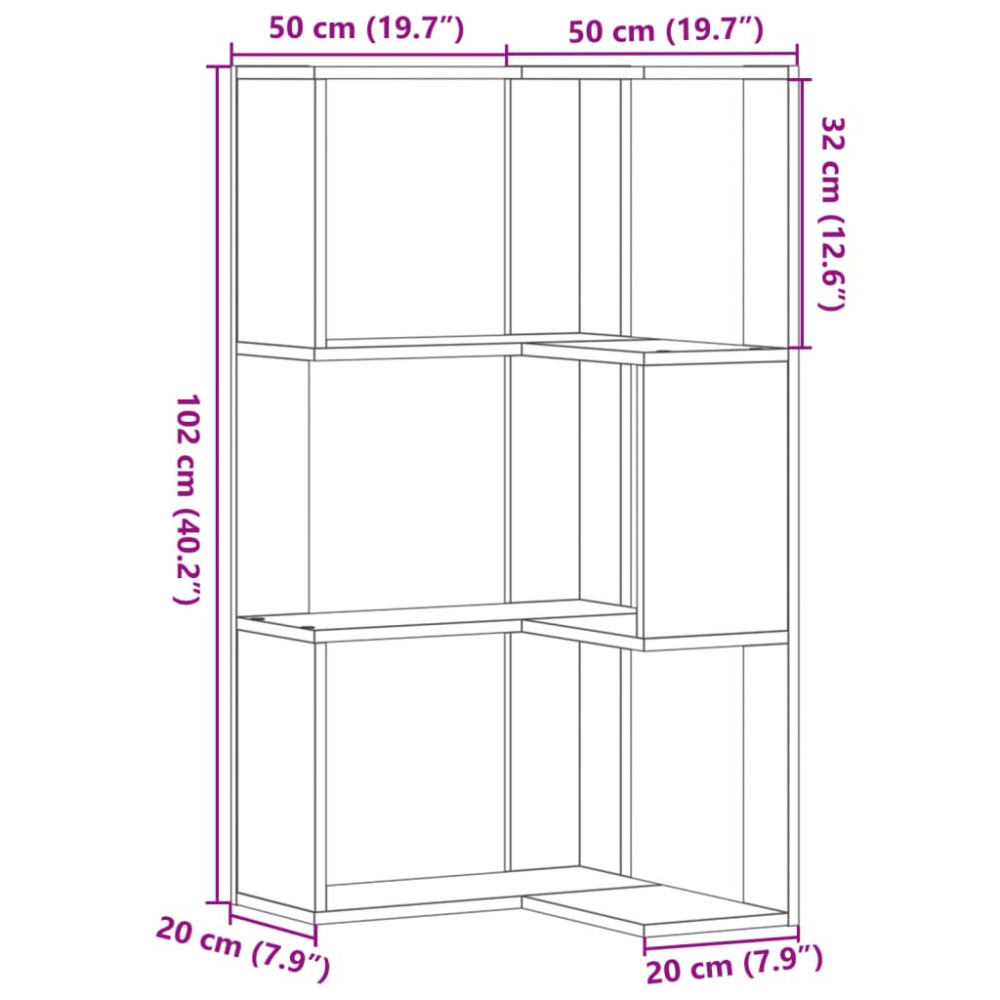 Produktbild för Bokhylla hörn 3 hyllplan betonggrå 50x50x102 cm konstruerat trä