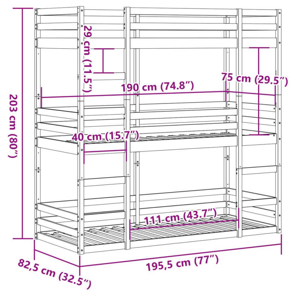 Produktbild för Våningssäng 3 våningar vit 75x190 cm massiv furu