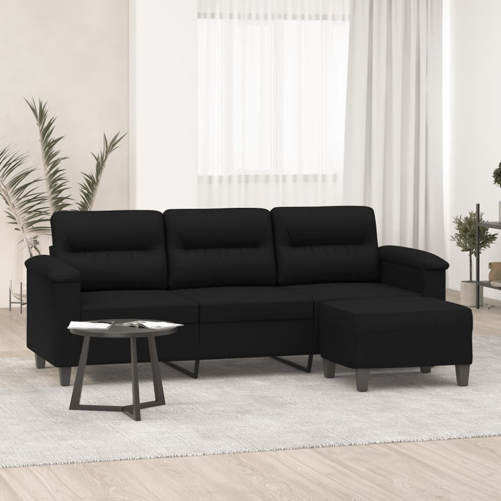 Produktbild för 3-sitssoffa med fotpall svart 180 cm mikrofibertyg