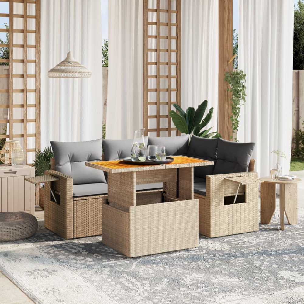 Produktbild för Soffgrupp för trädgården med dynor 5 delar beige konstrotting