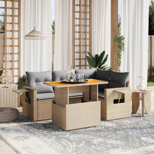 vidaXL Soffgrupp för trädgården med dynor 5 delar beige konstrotting