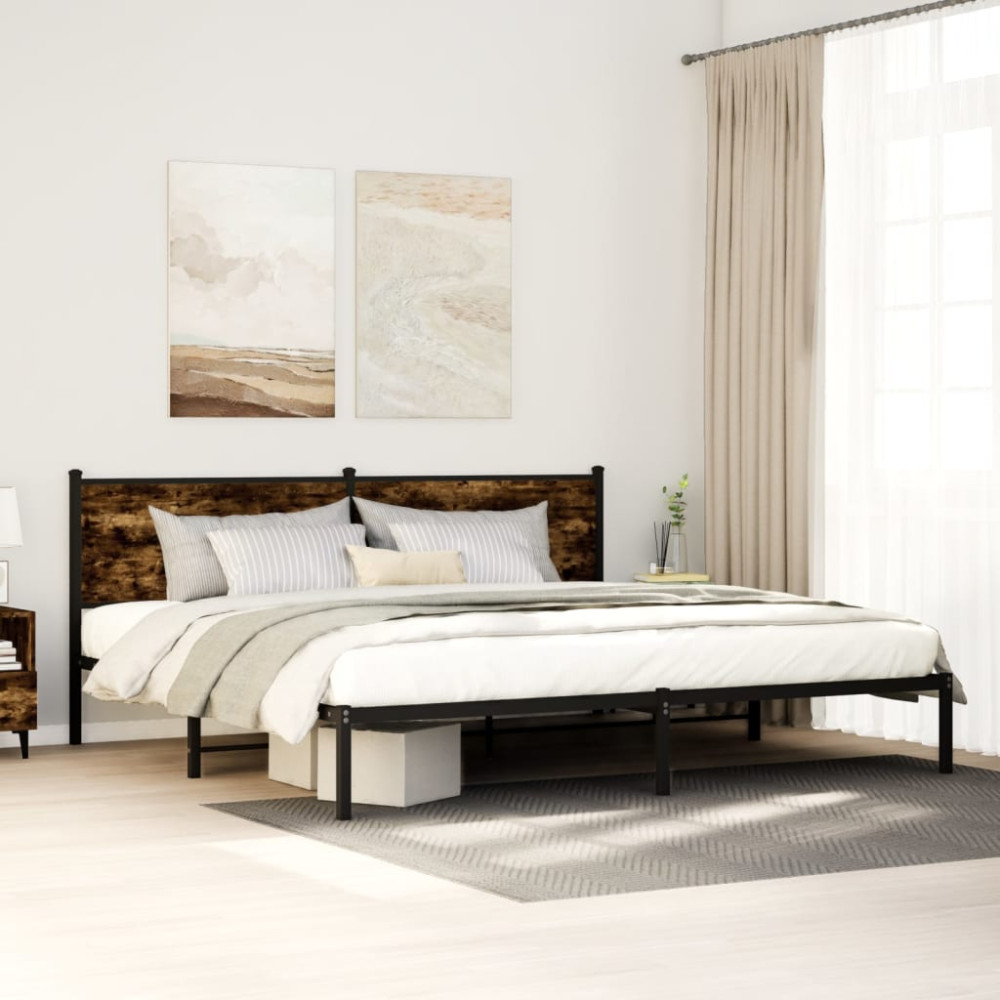 Produktbild för Sängram utan madrass metall rökfärgad ek 193x203 cm