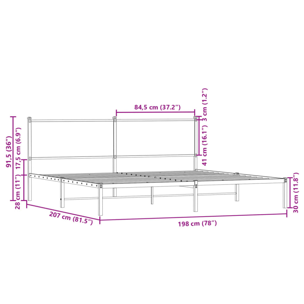 Produktbild för Sängram utan madrass metall rökfärgad ek 193x203 cm