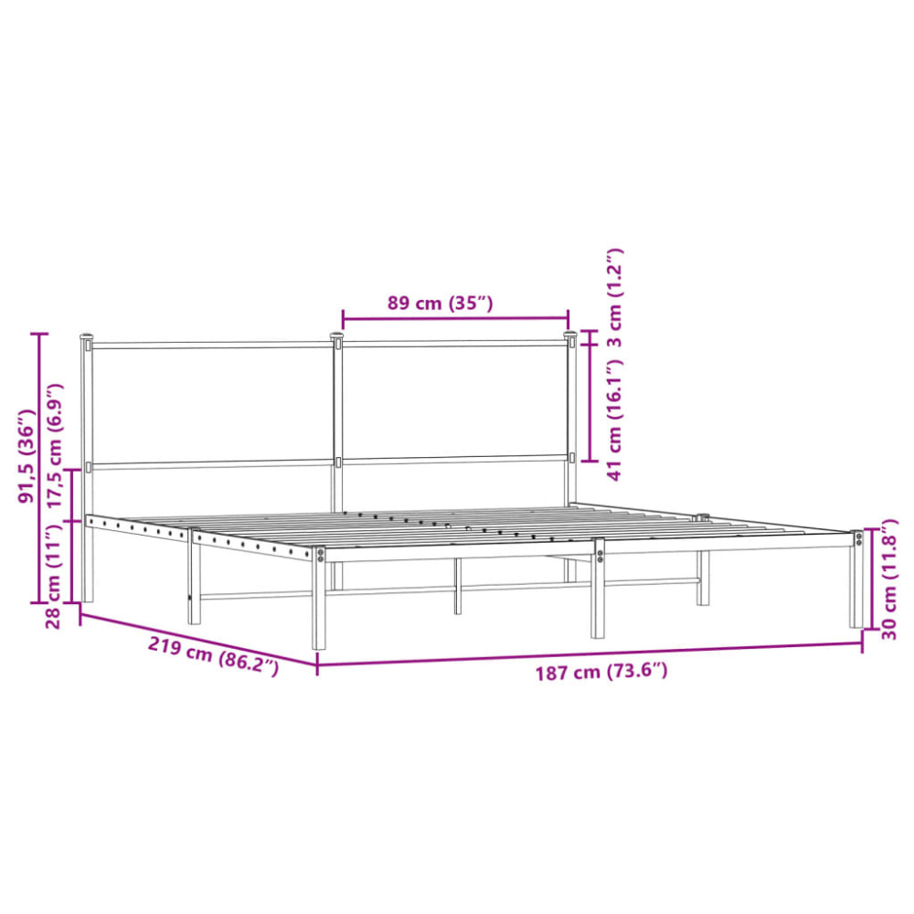 Produktbild för Sängram utan madrass metall rökfärgad ek 183x213 cm
