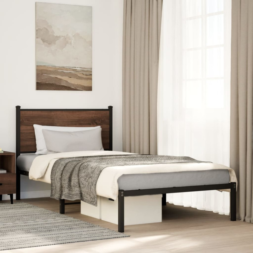 Produktbild för Sängram utan madrass metall brun ek 107x203 cm