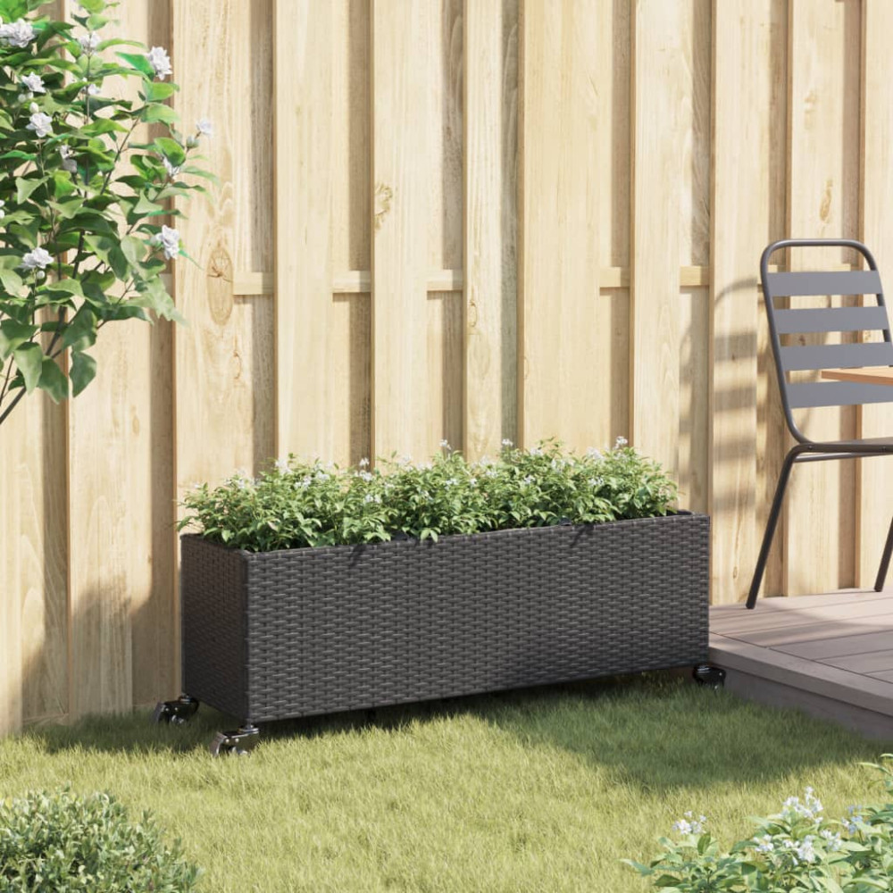 Produktbild för Odlingslåda med hjul & 3 krukor svart 107x32x38 cm konstrotting