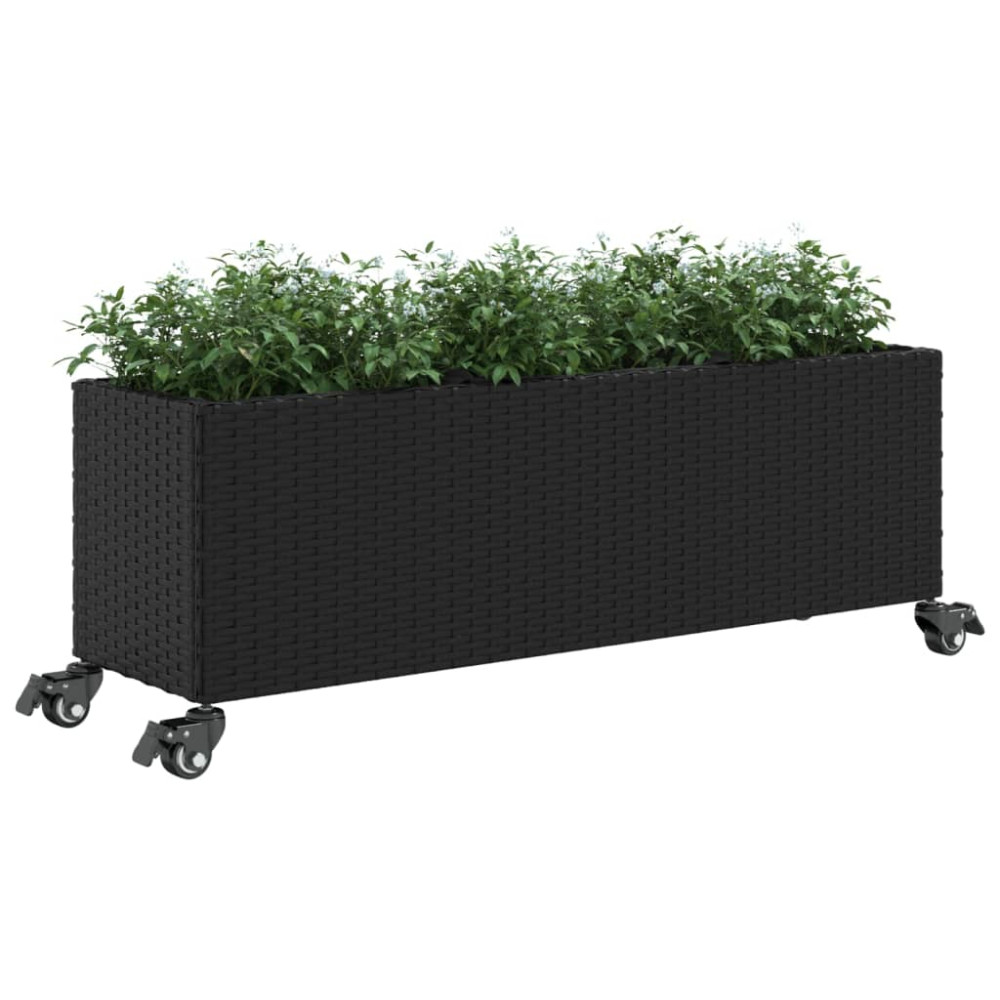 Produktbild för Odlingslåda med hjul & 3 krukor svart 107x32x38 cm konstrotting
