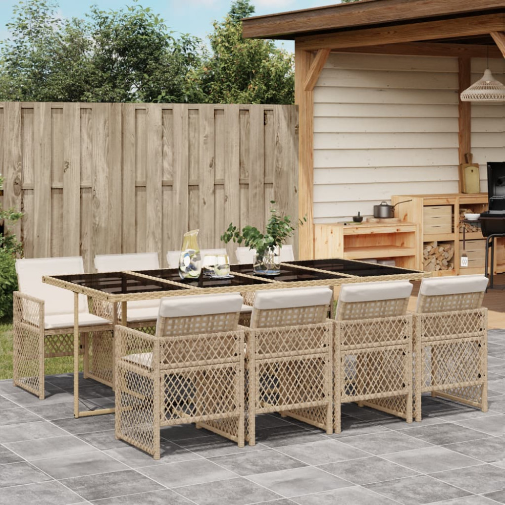 Produktbild för Matgrupp för trädgården med dynor 9 delar beige konstrotting