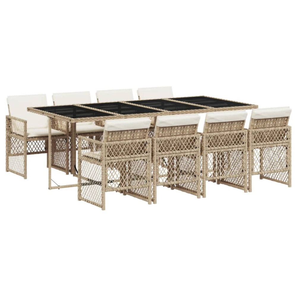 Produktbild för Matgrupp för trädgården med dynor 9 delar beige konstrotting