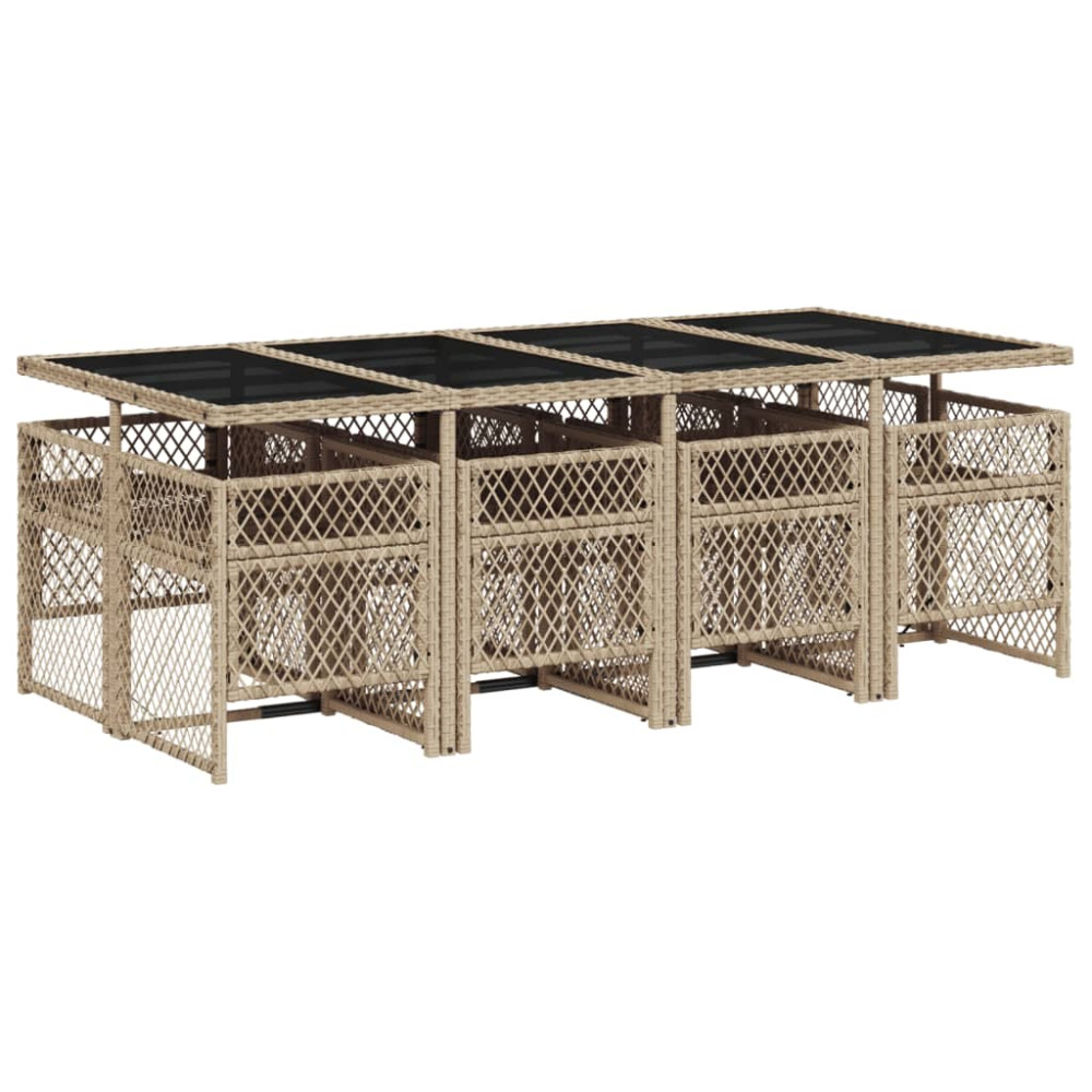 Produktbild för Matgrupp för trädgården med dynor 9 delar beige konstrotting