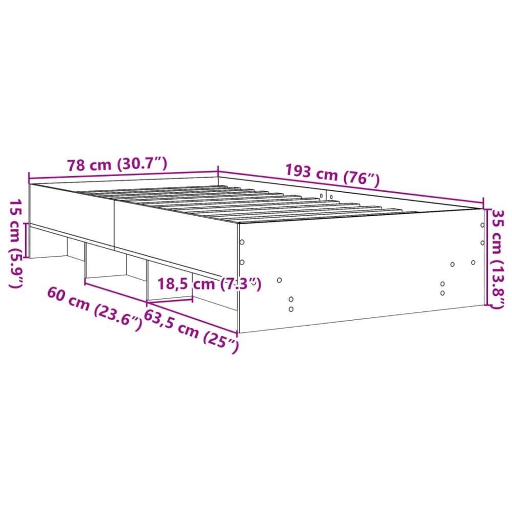 Produktbild för Sängram utan madrass brun ek 75x190 cm konstruerad trä