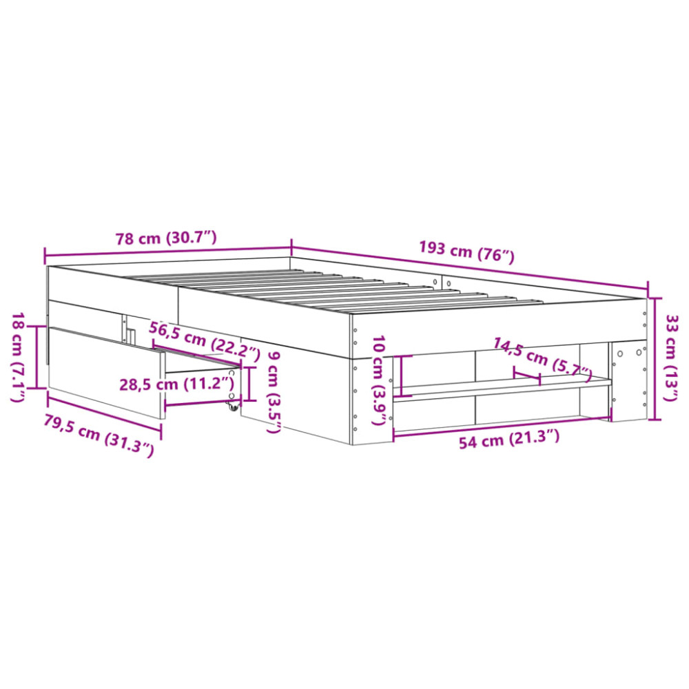 Produktbild för Sängram utan madrass brun ek 75x190 cm konstruerad trä