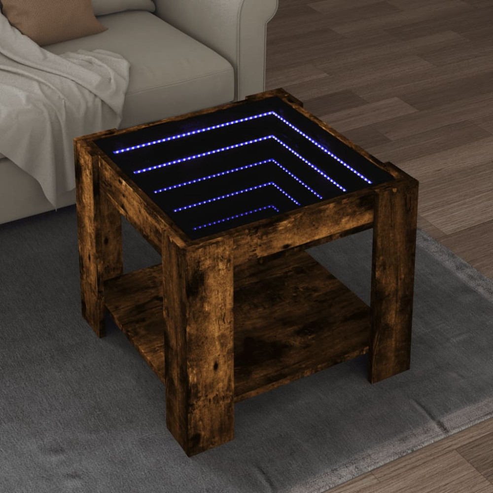 Produktbild för Soffbord med LEDs rökfärgad ek 53x53x45 cm konstruerat trä