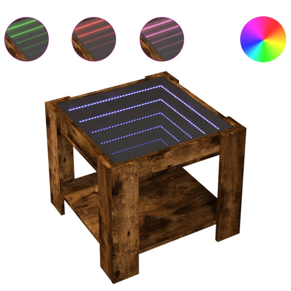 Produktbild för Soffbord med LEDs rökfärgad ek 53x53x45 cm konstruerat trä