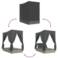 Produktbild för Dubbel solsäng med tak och dynor ljusgrå konstrotting