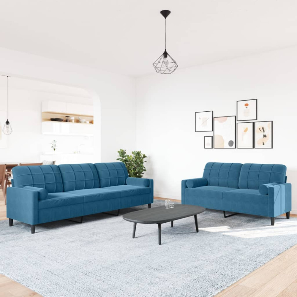 Produktbild för Soffgrupp med dynor och bolster 2 delar blå sammet