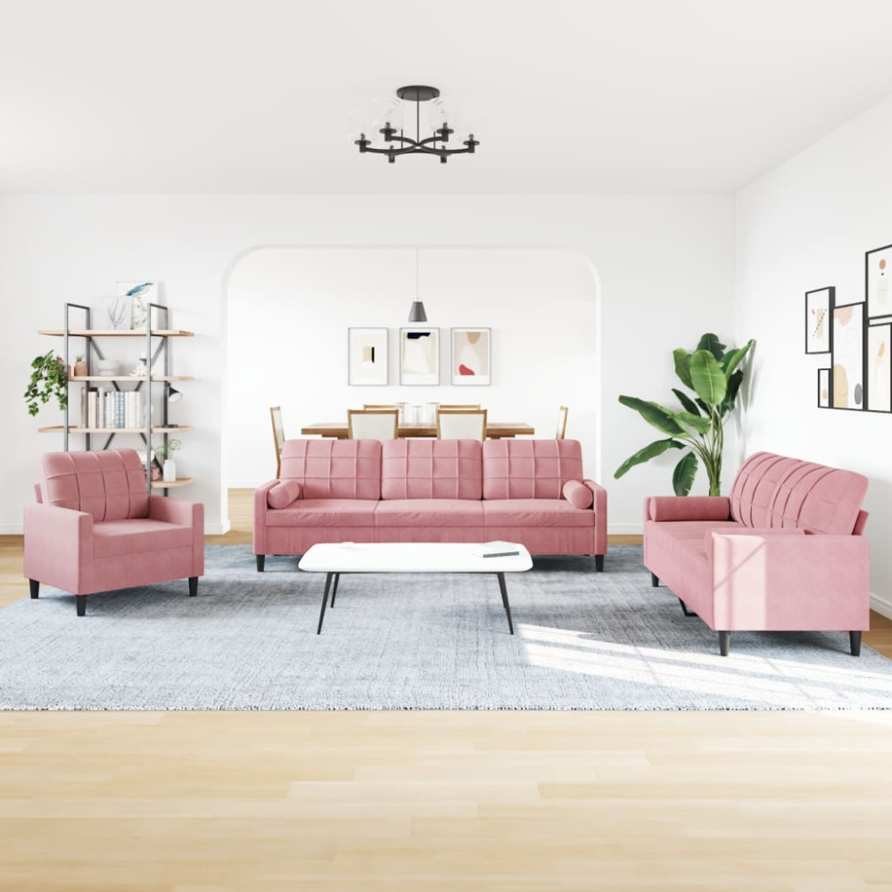Produktbild för Soffgrupp med dynor och bolster 3 delar rosa sammet