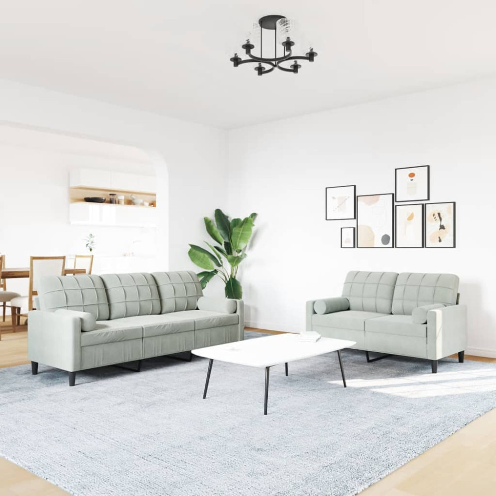 Produktbild för Soffgrupp med dynor och bolster 2 delar ljusgrå sammet