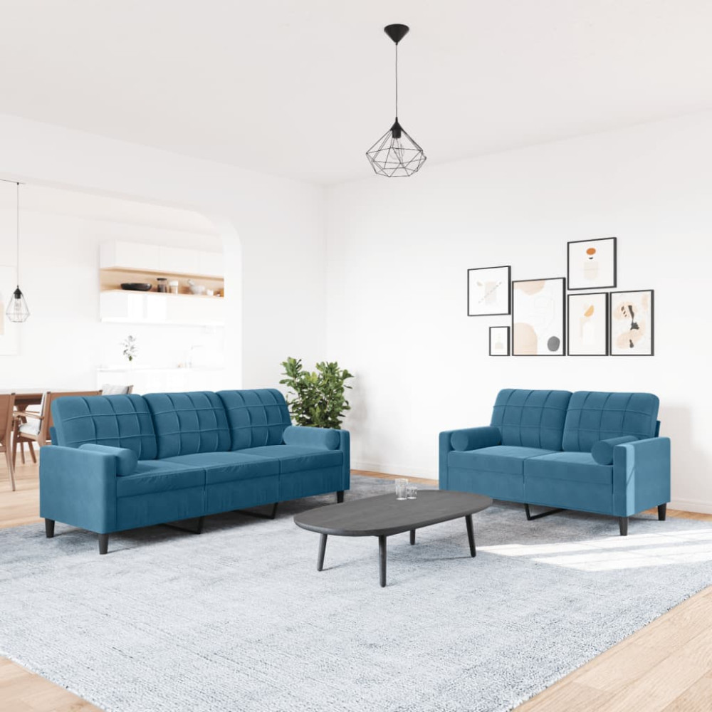 Produktbild för Soffgrupp med dynor och bolster 2 delar blå sammet